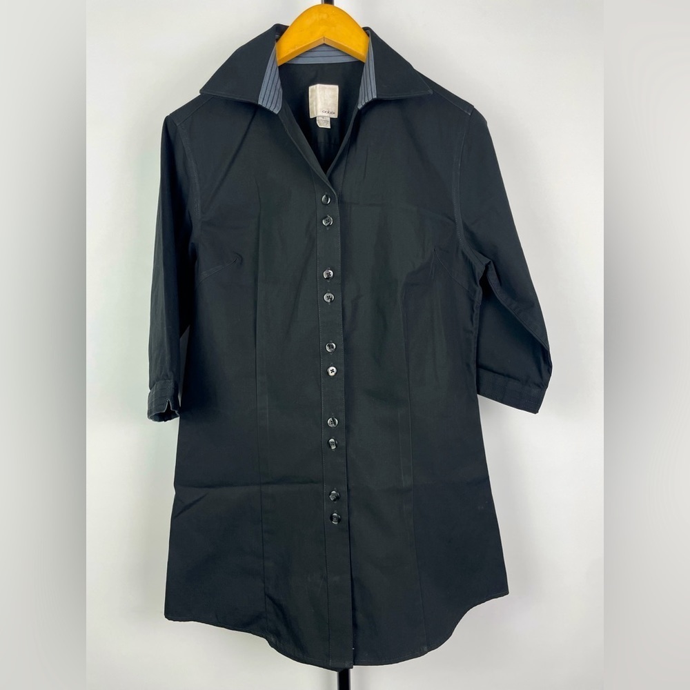 Oobe Black Button Up Collared 3/4 Sleeve Professional Blouse Top‎